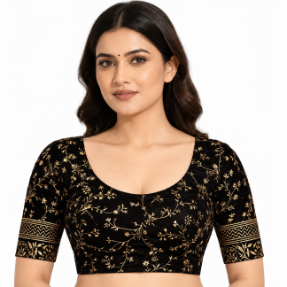 Black Cotton Saree Blouse, Stretchable Crop Top, Sizes S-XXL — black front view