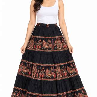 Black Jaipuri Rayon Maxi Skirt – Rajasthani Folk Print, Flared Drawstring Waist, front view on model