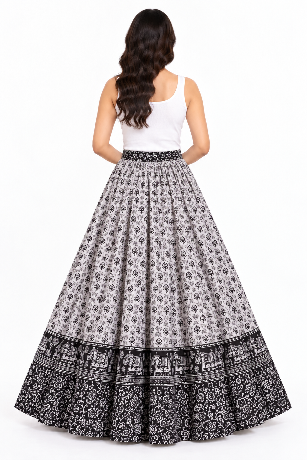 Black and White Jaipuri Cotton Maxi Skirt – Floral Folk Border Print, 2.5-Metre Flare, back view on model