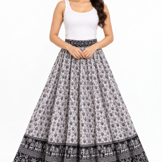 Black and White Jaipuri Cotton Maxi Skirt – Floral Folk Border Print, 2.5-Metre Flare, front view on model