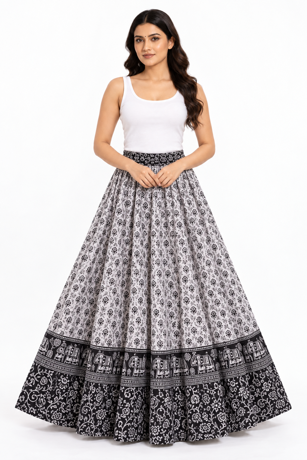Black and White Jaipuri Cotton Maxi Skirt – Floral Folk Border Print, 2.5-Metre Flare, front view on model