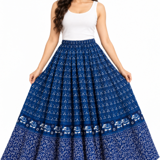 Blue Jaipuri Cotton Maxi Skirt – Geometric Motif and Folk Border Print, Drawstring Waist, front view on model