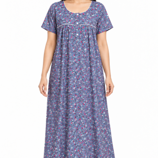 Women’s blue cotton floral print maxi nightgown, front view