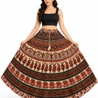 Brown Multicolour Jaipuri Rayon Maxi Skirt – Folk Dancer and Elephant Print, Flared Drawstring Waist, front view on model