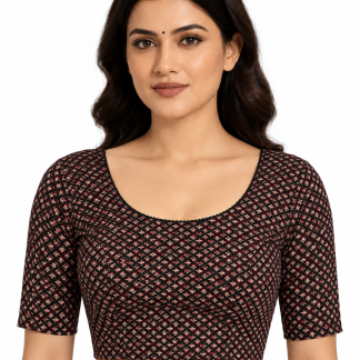 Ajrakh Cotton Saree Blouse, Multi color Elbow Sleeves Crop Top, Stretchable Sari Blouse — black ajrakh front view