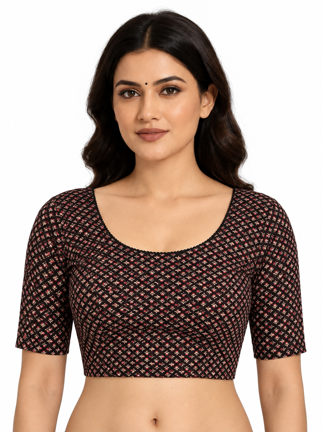 Ajrakh Cotton Saree Blouse, Multi color Elbow Sleeves Crop Top, Stretchable Sari Blouse — black ajrakh front view