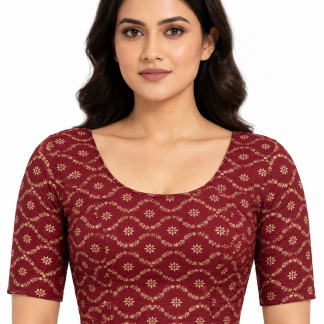 Maroon Stretchable Cotton Saree Blouse, Crop Top, Elbow Sleeves, Sari Top, Sizes S-XXL — maroon front view