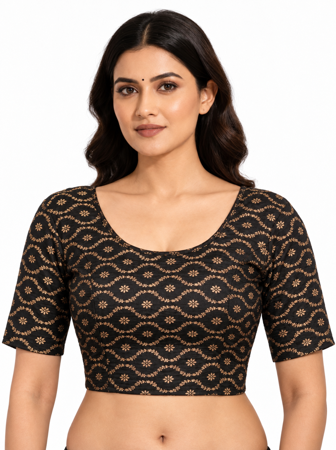 Pack of 3 Stretchable Cotton Saree Blouse, Crop Top, Elbow Sleeves, Red Black & Green — black front view