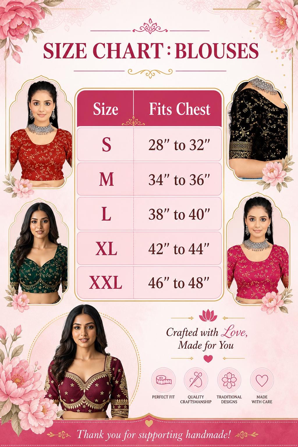 Navy Blue Stretchable Saree Blouse, Long Sleeve Collar Sari Top (S-XXL) — size chart