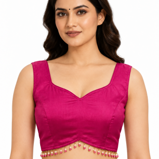 Hot Pink Taffeta Silk Sleeveless Sweetheart Neck Blouse with Designer Tie Back — front view