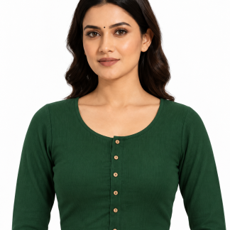 Readymade Green Cotton Saree Blouse, Long Sleeve Collar Crop Top — green front view