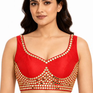Red Mirror Work Saree Blouse, Padded Sleeveless V Neck Choli, 7 Colors — red front view