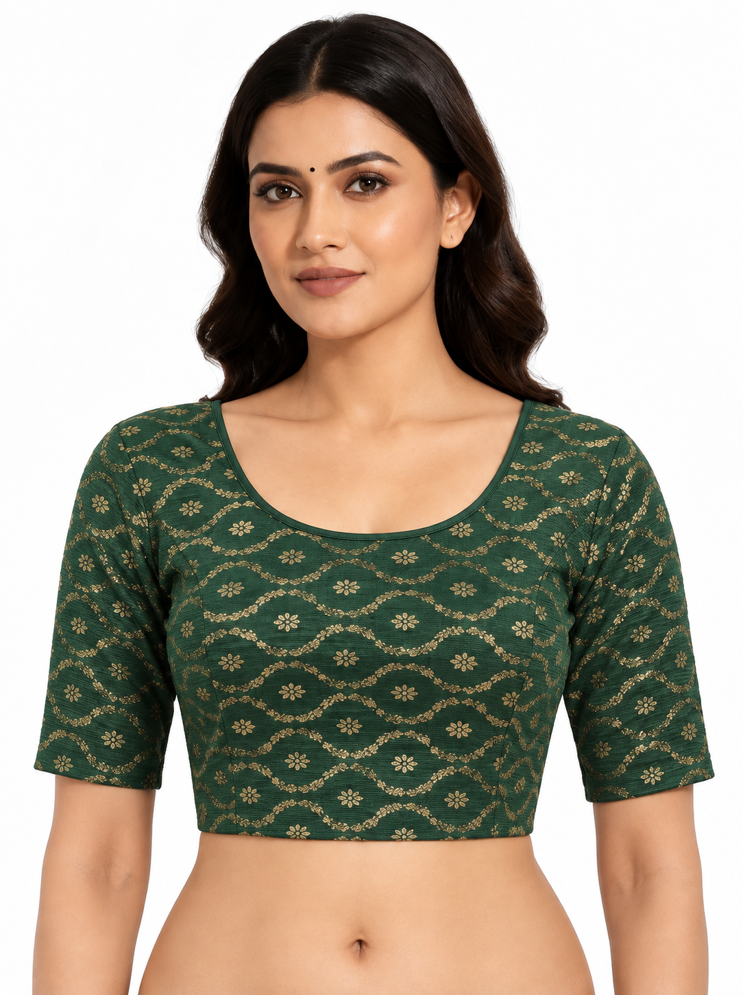 Green Stretchable Cotton Saree Blouse, Crop Top, Elbow Sleeves, Sari Top, Sizes S-XXL — green front view