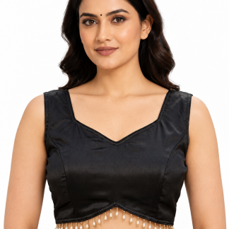 Black Taffeta Silk Sleeveless Sweetheart Neck Blouse with Dangling Trim — front view