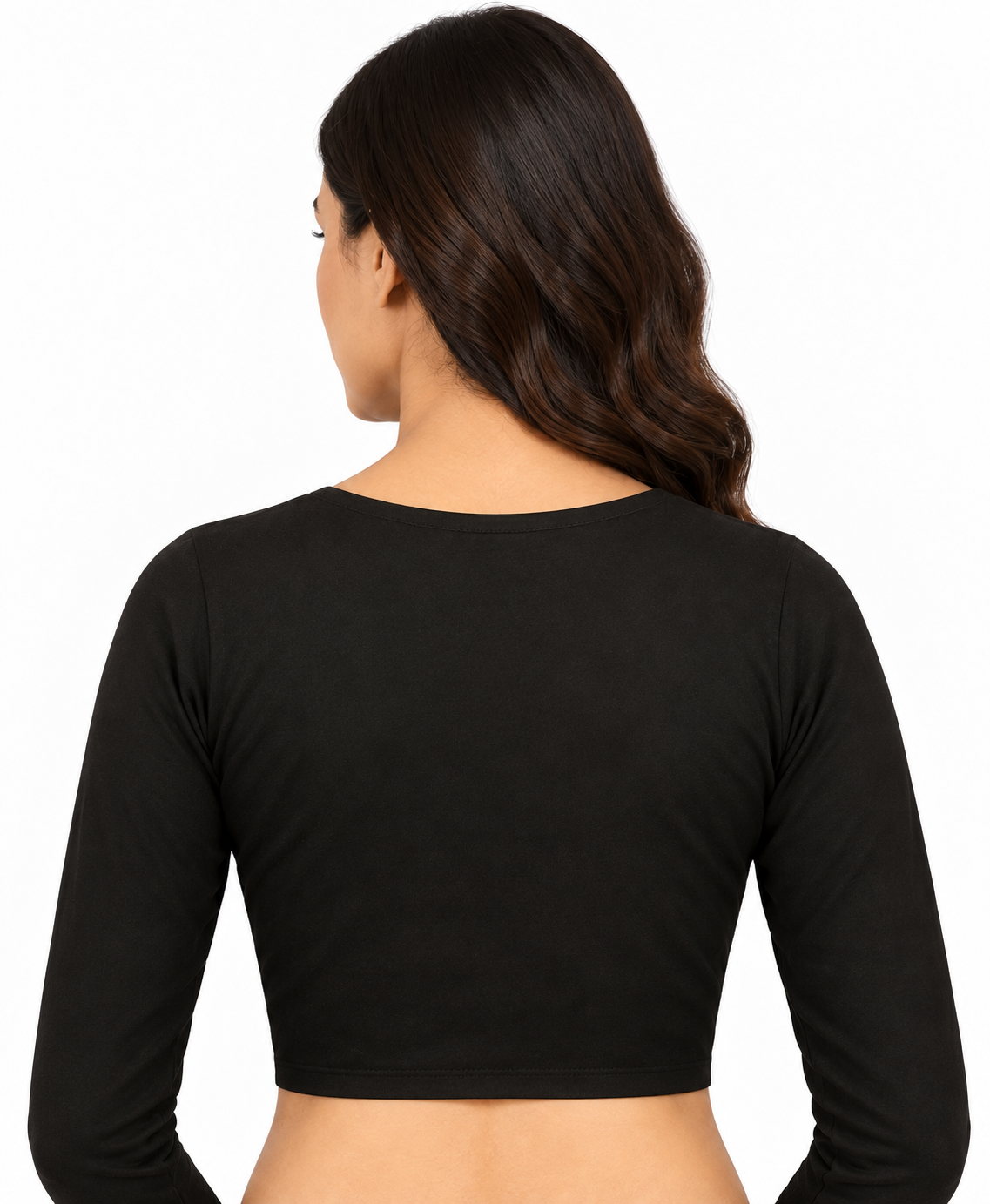 Black Stretchable Saree Blouse, Long Sleeve Collar Sari Top (S-XXL) — black back view