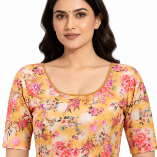 Floral Cotton Saree Blouse, Crop Top, Elbow Sleeves, Party Wear Stretchable Sari Top — yellow floral front view