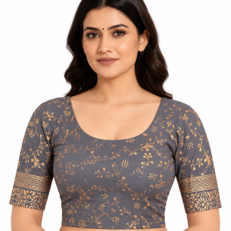 Grey Floral Saree Blouse, Stretch Crop Top Sari Blouse (S-XXL) — grey front view