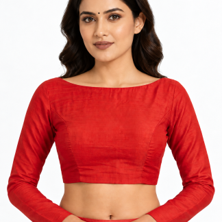 Bright Red Silk Boat Neck Saree Blouse with Long Sleeves — front view