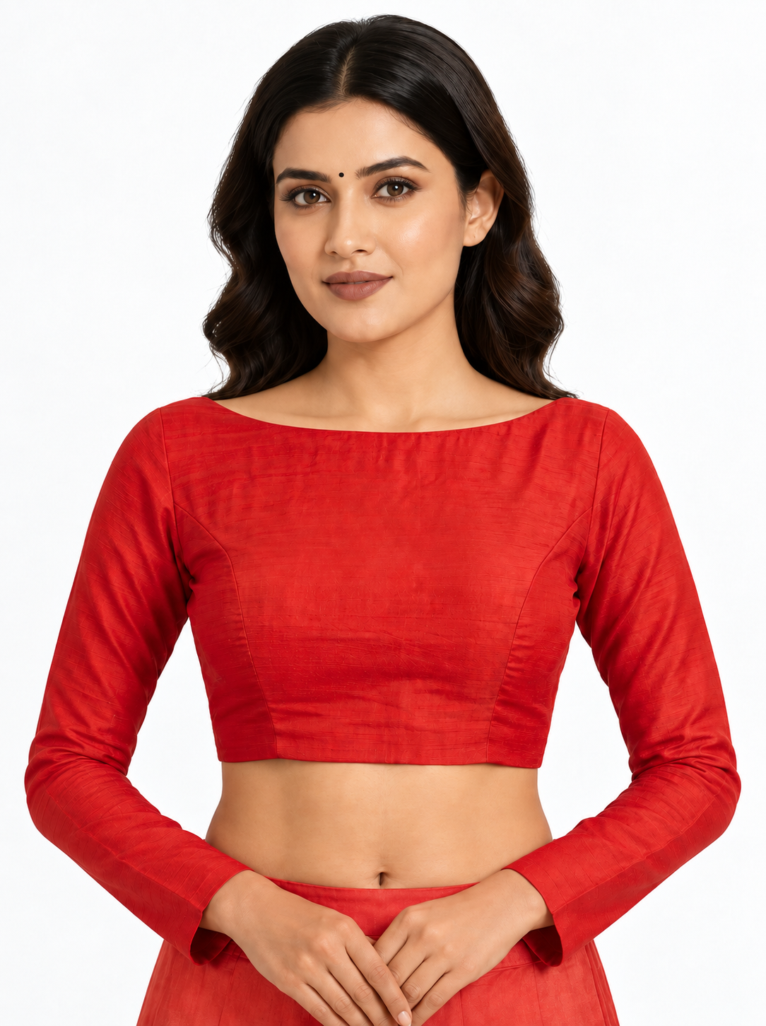 Bright Red Silk Boat Neck Saree Blouse with Long Sleeves — front view