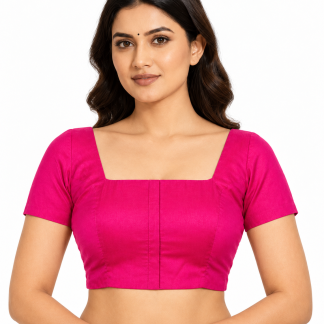 Hot Pink Dupion Silk Square Neck Saree Blouse with Short Sleeves — front view