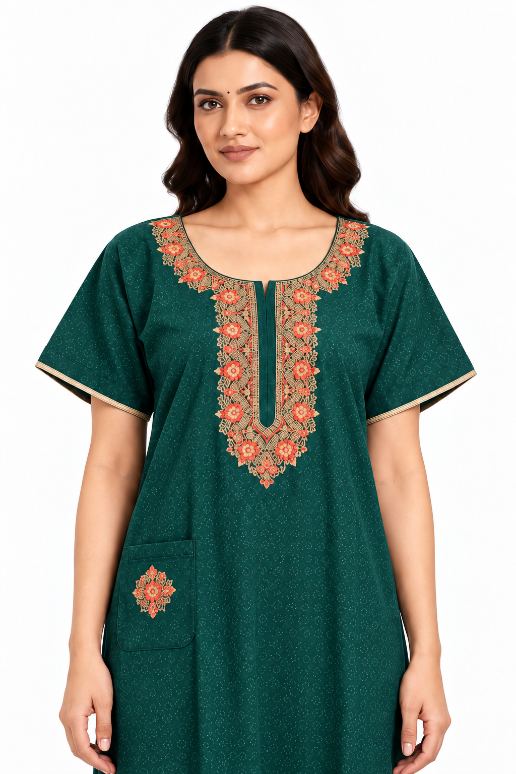 green embroidered cotton nightgown close up
