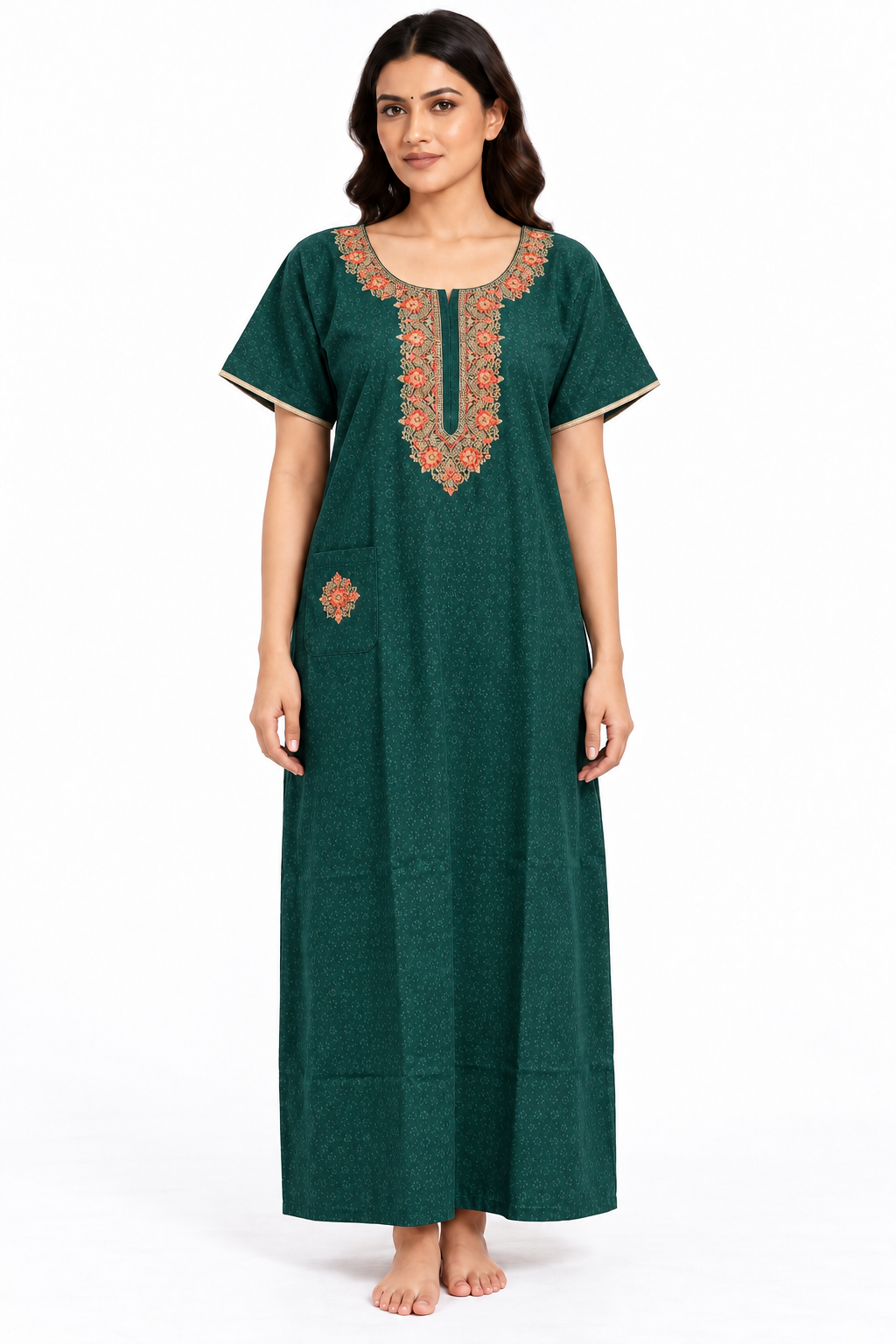 green embroidered cotton nightgown front