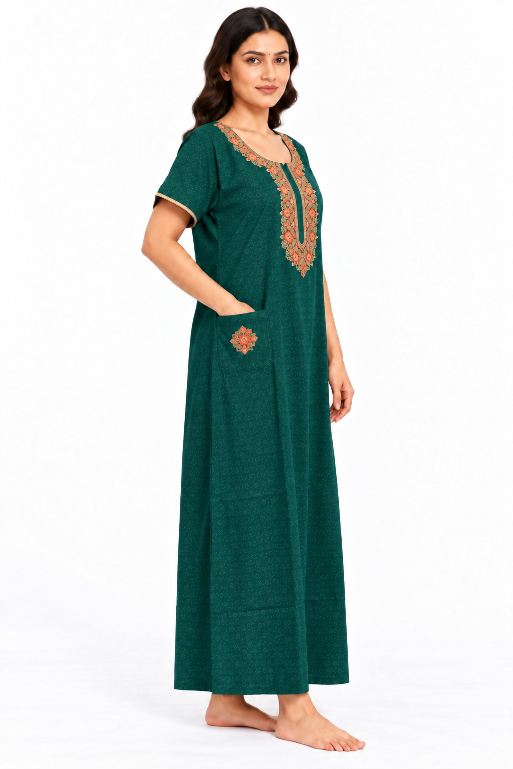 green embroidered cotton nightgown side view