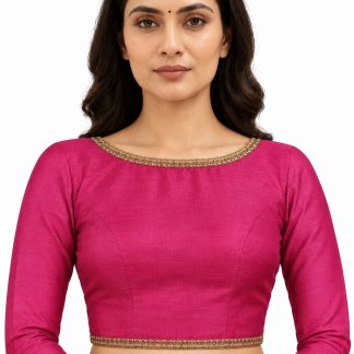 Hot pink dupion silk long-sleeve saree blouse with gold trim — front view