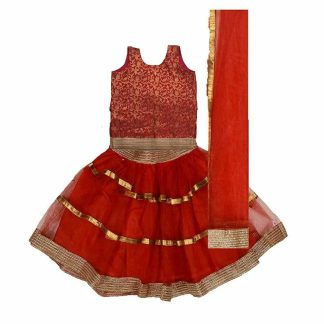 Red Net Lehenga Choli, Readymade Brocade Silk Girls Festive Wear