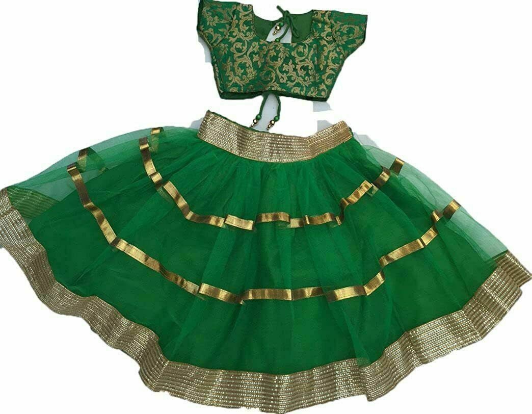Green Brocade Kids Lehenga Choli, Festive Ethnic Wear