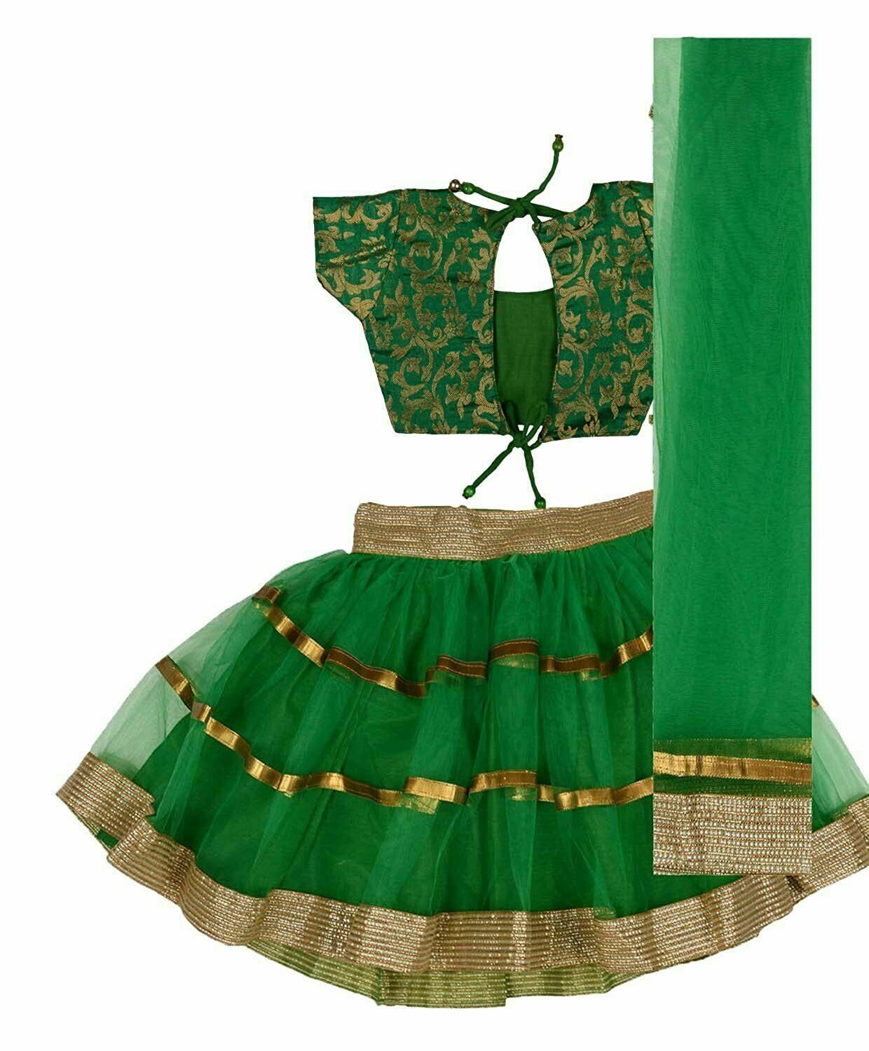Green Brocade Kids Lehenga Choli, Festive Ethnic Wear