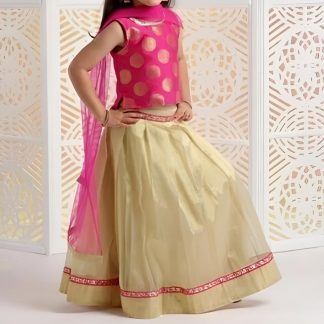 Girls Pink and Golden Lehenga Choli Set, Dupion and Brocade Silk, Festive Wear