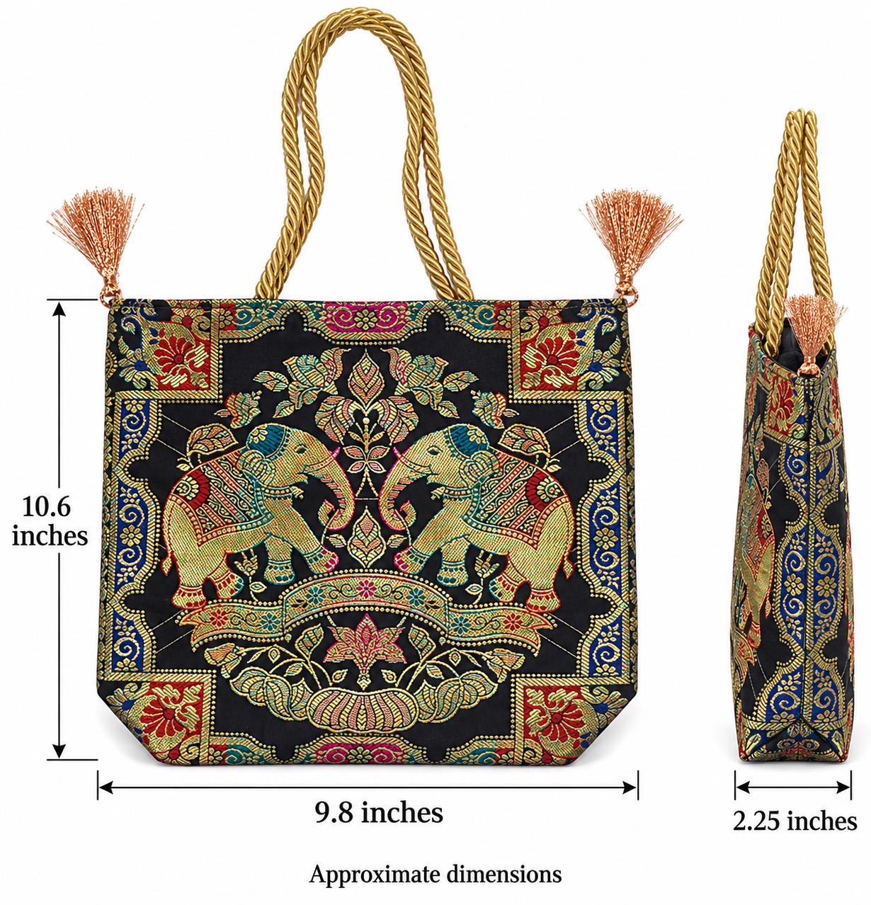 Black - Twin Elephants Banarasi bag - Measurement arrows