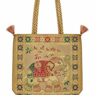 Cream - Single Elephant Banarasi bag - Front view