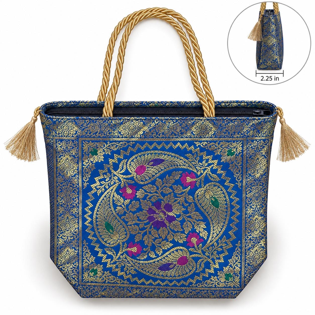 Royal Blue - Paisley Banarasi bag - Top view with zipper closed