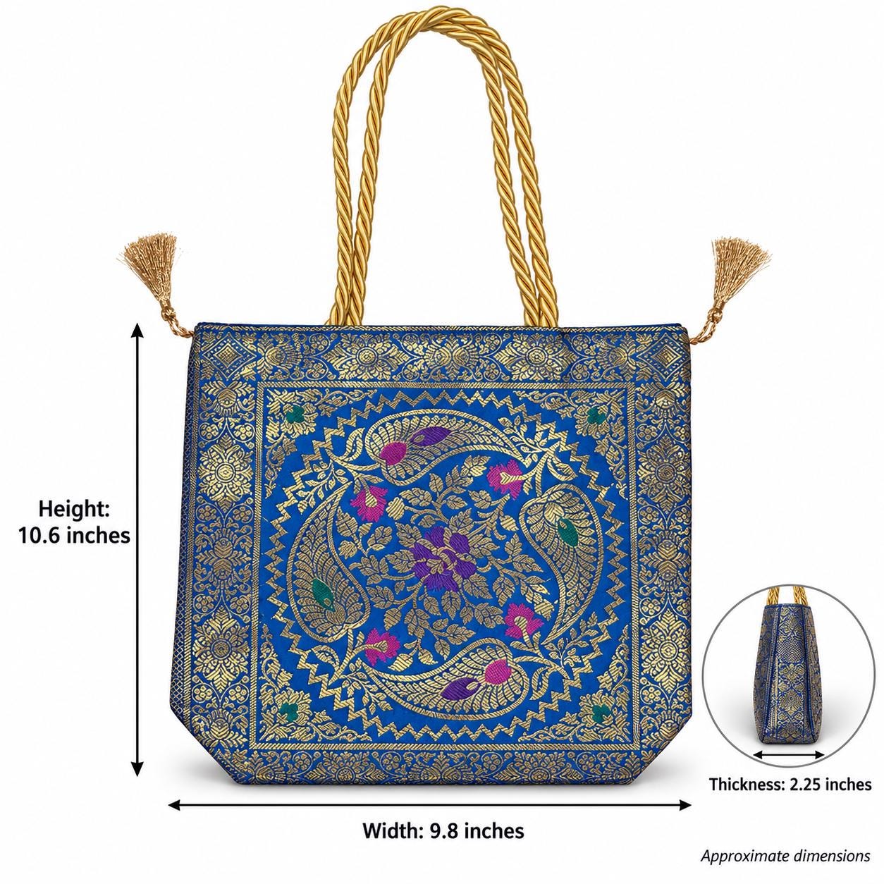 Royal Blue - Paisley Banarasi bag - Measurement arrows