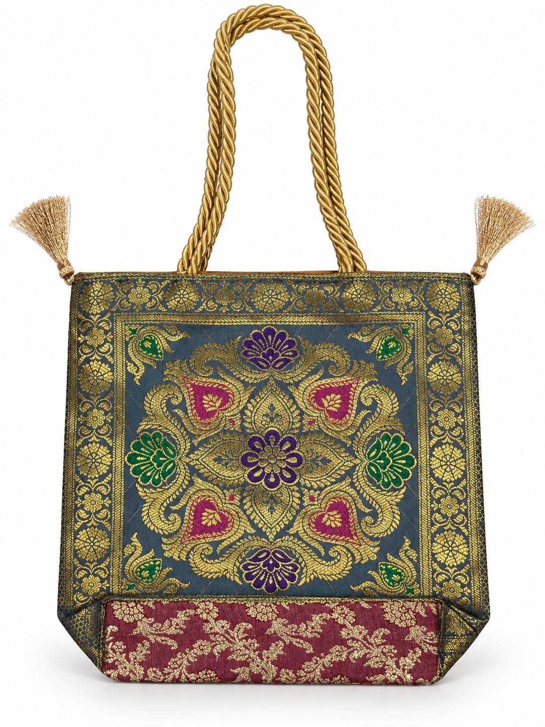 Slate Grey - Floral Paisley Banarasi bag - Front view