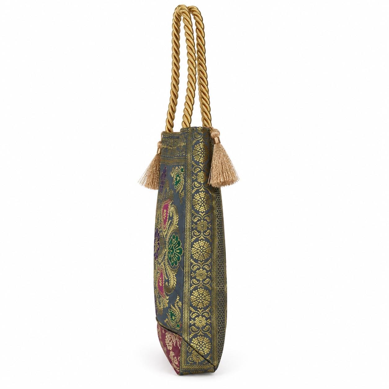 Slate Grey - Floral Paisley Banarasi bag - Side view