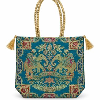 Teal - Twin Elephants Banarasi bag - Front view