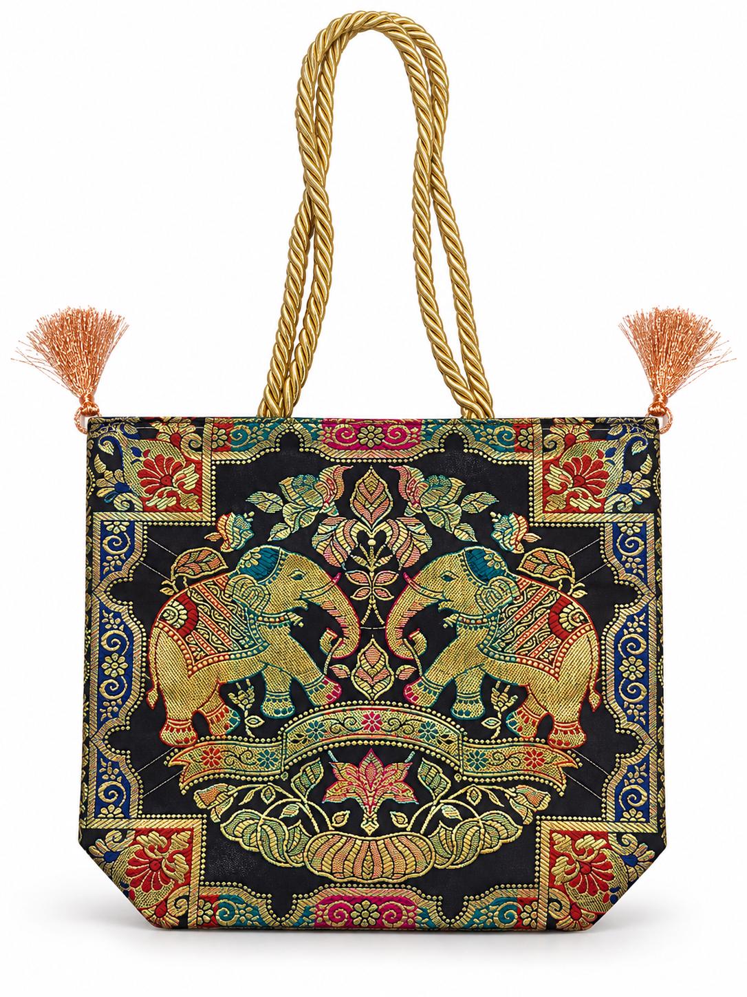 Black - Twin Elephants Banarasi bag - Front view