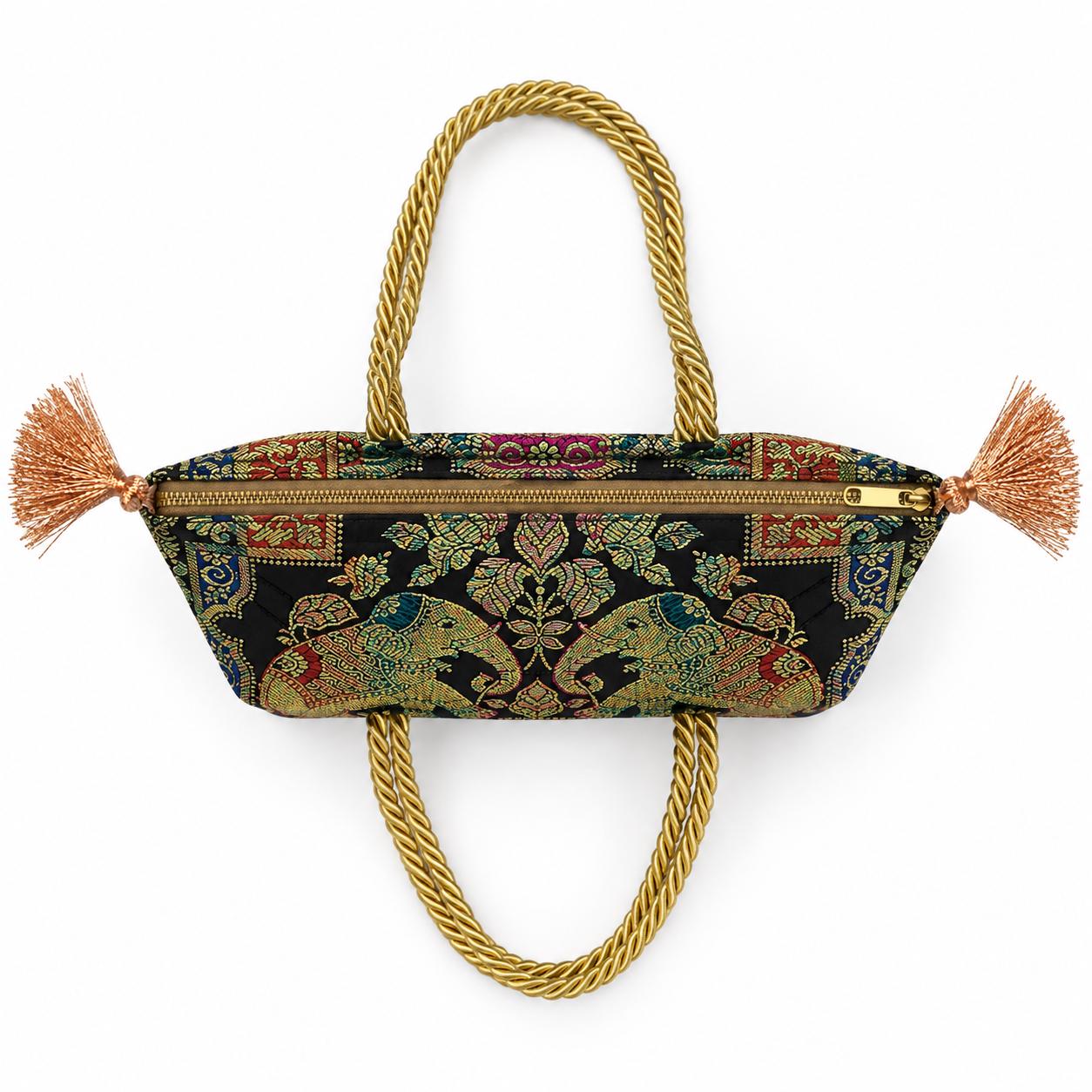 Black - Twin Elephants Banarasi bag - Top view with zipper closed