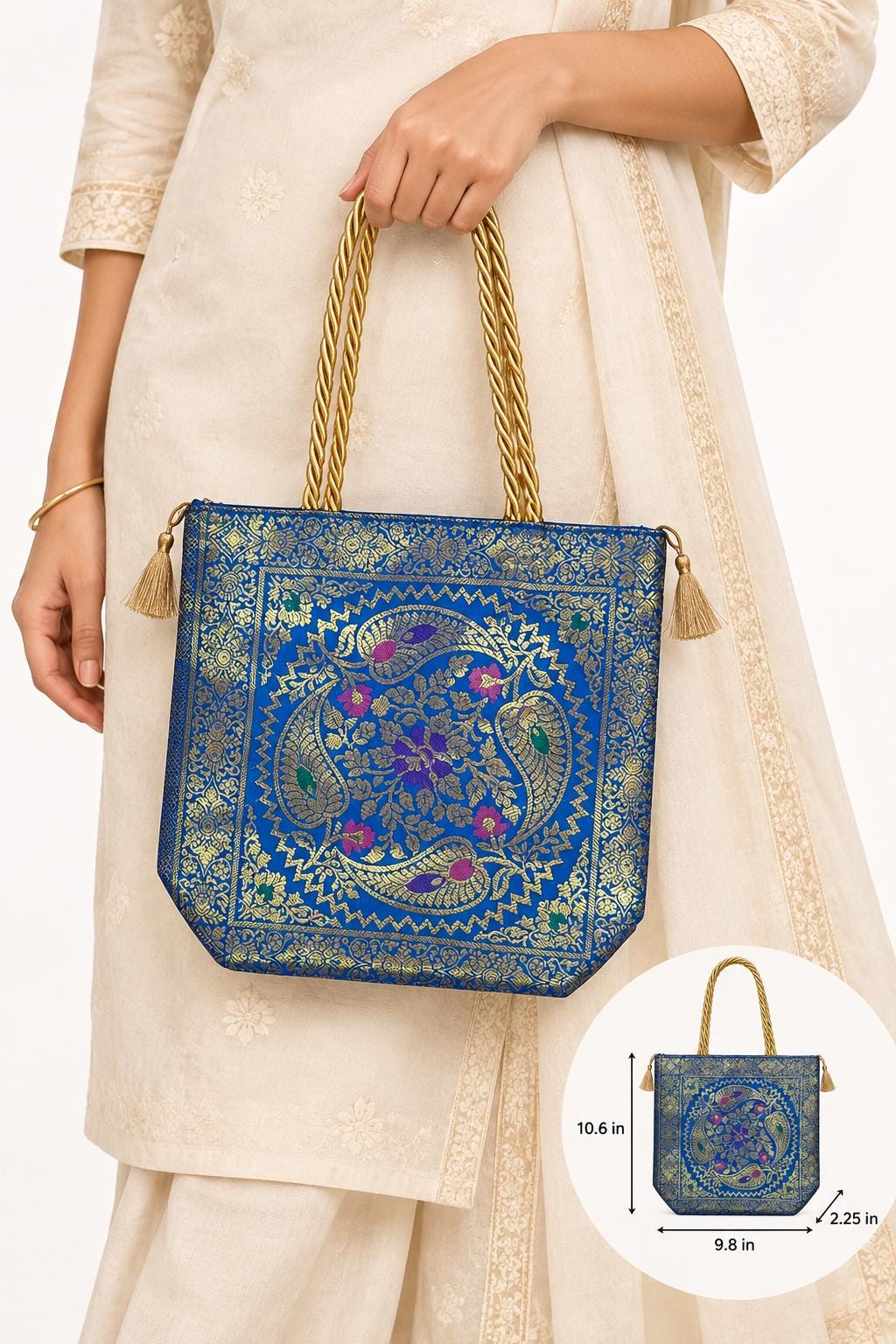 Royal Blue - Paisley Banarasi bag - Model holding the bag