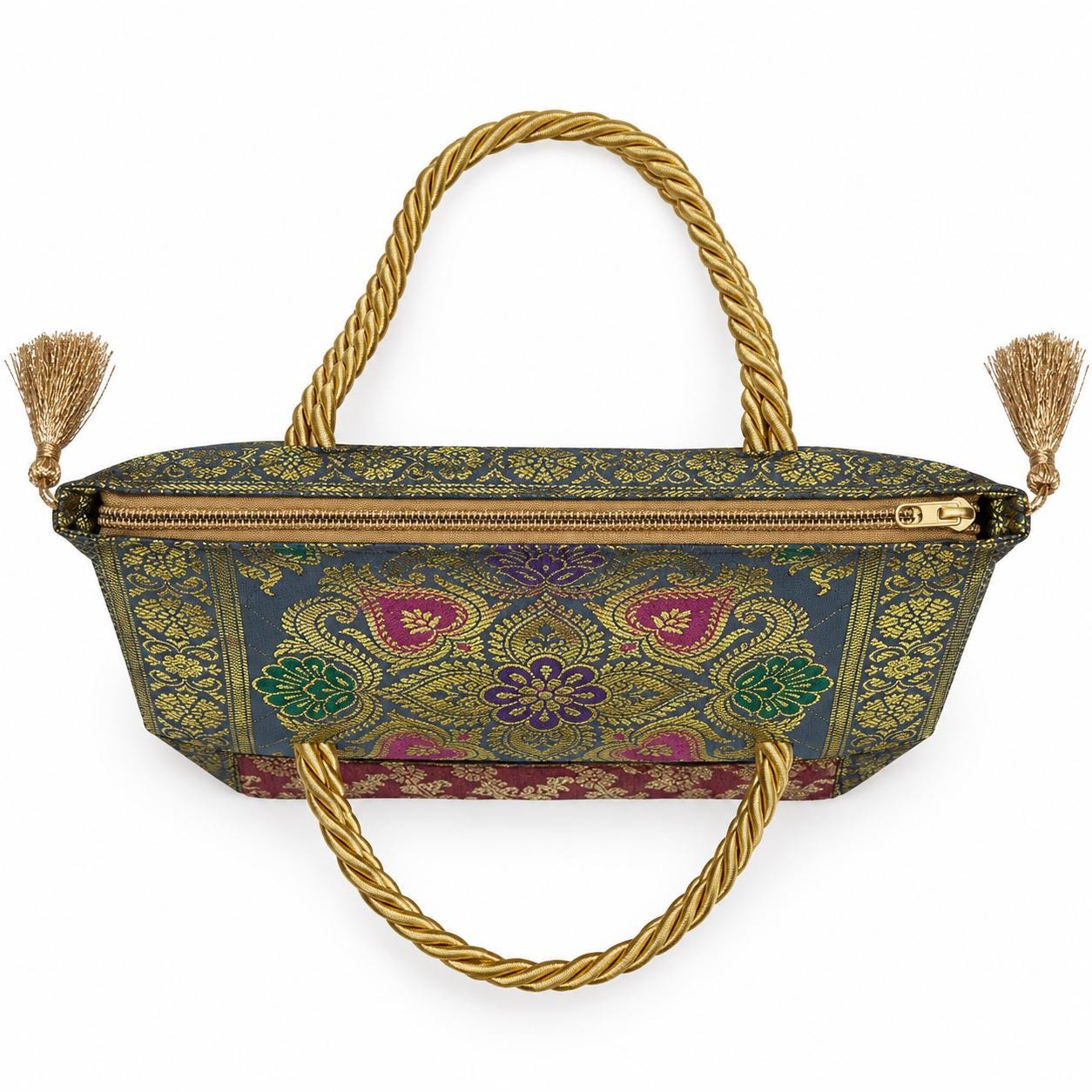Slate Grey - Floral Paisley Banarasi bag - Top view with zipper closed