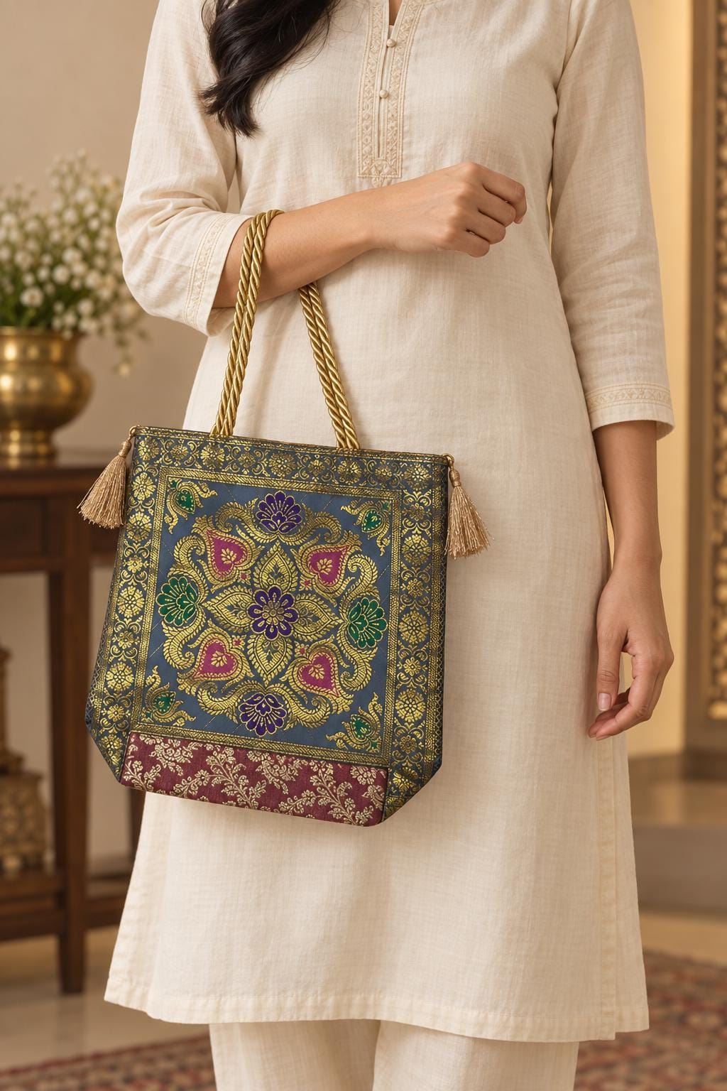 Slate Grey - Floral Paisley Banarasi bag - Model holding the bag