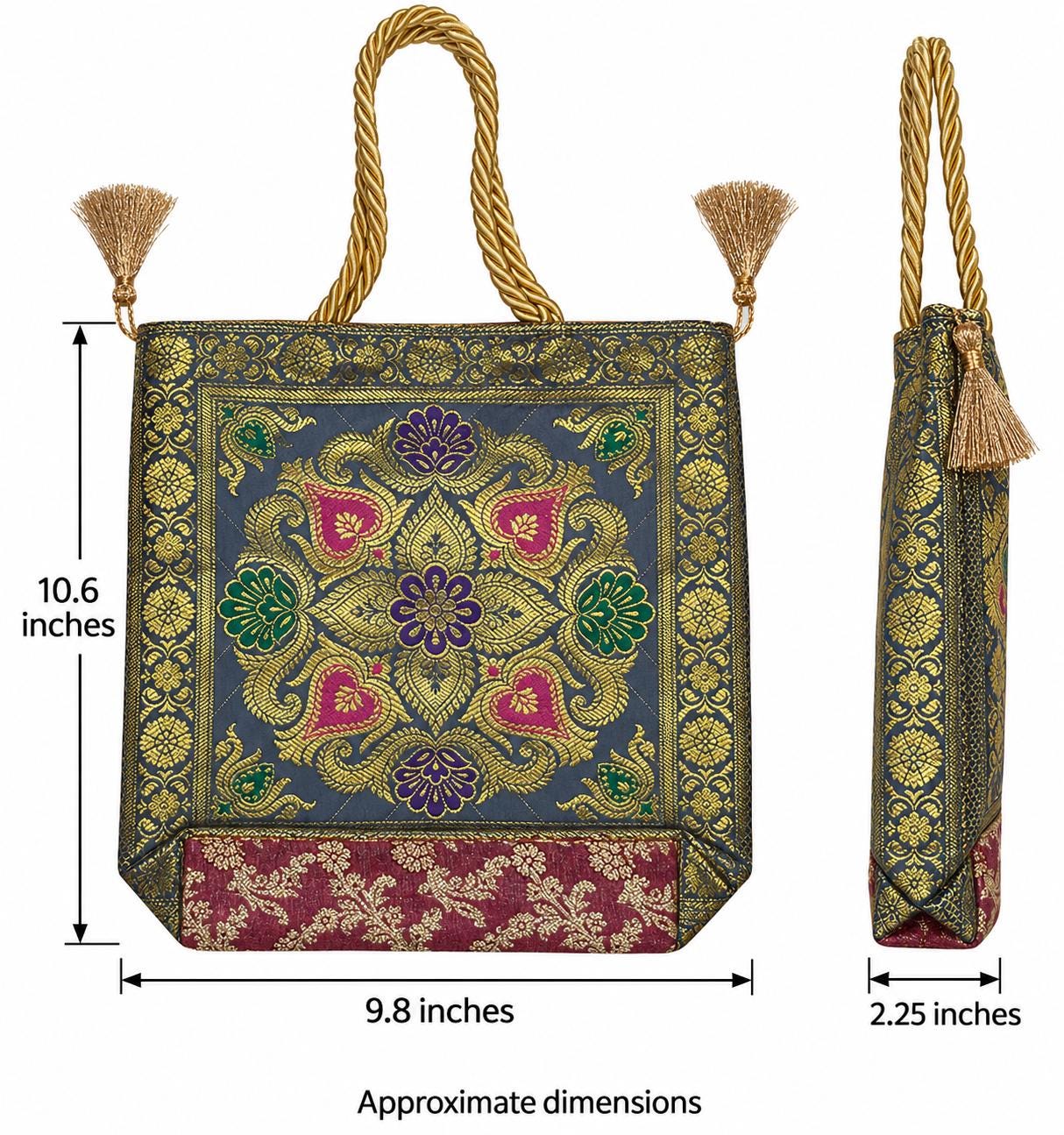 Slate Grey - Floral Paisley Banarasi bag - Measurement arrows