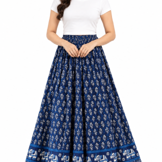 Indigo Blue Jaipuri Cotton Maxi Skirt – Floral and Folk Border Print, Elastic Waist, front view on model