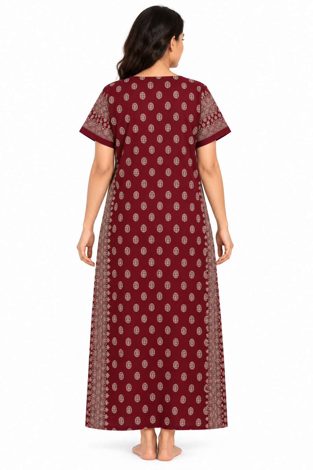 Women’s maroon cotton ethnic print maxi nightgown, back view