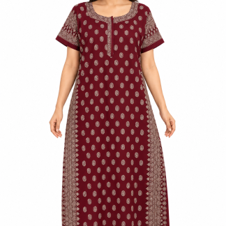 Women’s maroon cotton ethnic print maxi nightgown, front view