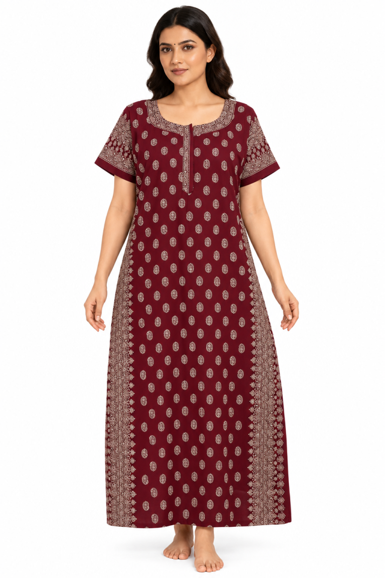 Women’s maroon cotton ethnic print maxi nightgown, front view