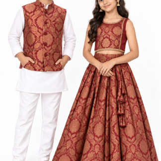 Maroon & Gold Brother Sister Matching Outfits - Nehru Jacket Kurta Pajama & Lehenga Choli on boy and girl models, white background; matching dupatta not pictured